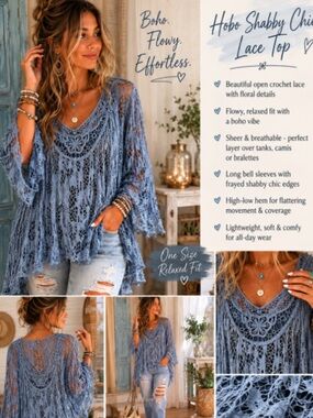 Boho Blue/Grey Italian design soft lace+ teddy, 26”front, 35”back, one size, $60